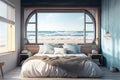 relaxing bedroom with cozy bed and window view of the beach