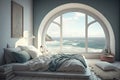 relaxing bedroom with luxurious bed, view of the sea, and window seat