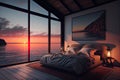 relaxing bedroom with luxurious bed and views of the sunset over the water