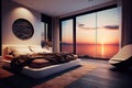 relaxing bedroom with luxurious bed and views of the sunset over the water