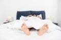 Relaxing in bedroom. Sweet dreams. asleep and awake. male in bed. man sleep in morning. energy and tiredness. sleepy man Royalty Free Stock Photo