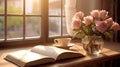 Relaxing breakfast with a glass of coffee, an interesting book and a vase of roses. Generative AI