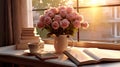 Relaxing breakfast with a glass of coffee, an interesting book and a vase of roses. Generative AI