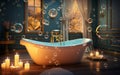 Relaxing Bubble Bath Scene with Candles and Music. AI Royalty Free Stock Photo