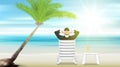 Relaxing businessman. beach palm tree and sea Royalty Free Stock Photo