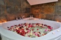 A relaxing candlelit bath with rose petals and a a rubber duck. Low lighting since bathroom was only lit with candles to create Royalty Free Stock Photo