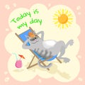 Relaxing cartoon cat on sun lounger on sunny beach