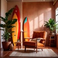 Relaxing casual summer iterior design of living room with surfboard