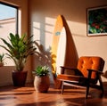 Relaxing casual summer iterior design of living room with surfboard