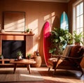 Relaxing casual summer iterior design of living room with surfboard