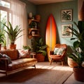 Relaxing casual summer iterior design of living room with surfboard