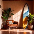 Relaxing casual summer iterior design of living room with surfboard