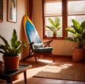 Relaxing casual summer iterior design of living room with surfboard