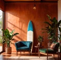 Relaxing casual summer iterior design of living room with surfboard
