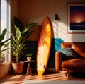 Relaxing casual summer iterior design of living room with surfboard