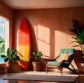 Relaxing casual summer iterior design of living room with surfboard