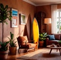 Relaxing casual summer iterior design of living room with surfboard