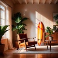 Relaxing casual summer iterior design of living room with surfboard