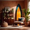 Relaxing casual summer iterior design of living room with surfboard