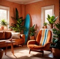 Relaxing casual summer iterior design of living room with surfboard