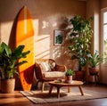 Relaxing casual summer iterior design of living room with surfboard