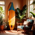 Relaxing casual summer iterior design of living room with surfboard