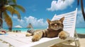 Relaxing Cat Sunbathing on Seaside Beach AI Generated Royalty Free Stock Photo
