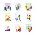 Relaxing characters. People sleeping on sofa sitting and listen music on couch in interior room garish vector flat