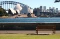 Waterfront walk with single empty park bench at Royal Botanic Garden with iconic cityscape of Sydney Opera House and Harbor Bridge