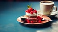 Relaxing coffee break featuring delicious berry cake treat, AI Generated Royalty Free Stock Photo