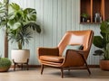 Relaxing Comfort: Lounge Chair Nestled Amidst Potted Houseplants and Wood Paneling Wall.