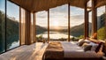Beautiful cozy bedroom relaxing eco house in nature, river windows idyllic luxury decoration