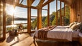 Beautiful cozy bedroom relaxing eco comfortable in nature, river windows idyllic luxury decoration