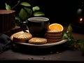 relaxing cup of evening tea with biscuits. copy space Royalty Free Stock Photo
