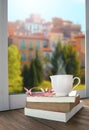 relaxing with cup of hot drink tea or coffee and book lying beside window scene of beautiful euro building style Royalty Free Stock Photo