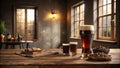 Relaxing evening at a rustic pub dark beer, coffee, and snacks on wooden table. Generative AI Royalty Free Stock Photo