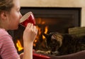Relaxing By Fireplace with Drink and cat Royalty Free Stock Photo