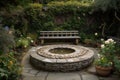 Relaxing Garden, With A Bench And Stone Fountain