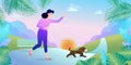 Woman with a dog walking along the park. Vector colorful illustration character in flat style.