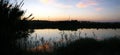 Relaxing golden sunset on a lake in the park in the city