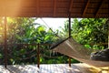 Relaxing in the hammock in the beautiful sunny day on tropical park in the Maldives. .