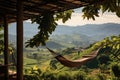 A relaxing hammock hangs from the side of a building, providing a unique and tranquil space to unwind, Tranquil afternoon in a