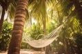 Relaxing hammock nestled between palm trees on a tropical island. Generative AI