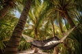 Relaxing hammock nestled between palm trees on a tropical island. Generative AI
