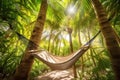 Relaxing hammock nestled between palm trees on a tropical island. Generative AI