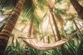 Relaxing hammock nestled between palm trees on a tropical island. Generative AI