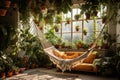 A Relaxing Hammock in a Plant-Filled Room, A sunny room filled with succulents and plants with a hammock in the corner, AI