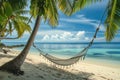 A relaxing hammock swaying in the breeze under a palm tree on a beautiful sandy beach, A hammock strung between two palm trees on