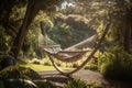 relaxing hammock swing in the sun with view of tranquil garden