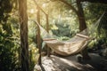 relaxing hammock swing in the sun with view of tranquil garden